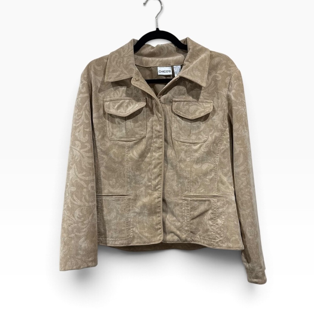 Chico's Womens Size 1 Tan Paisley Blazer Jacket Scroll Print Button Front